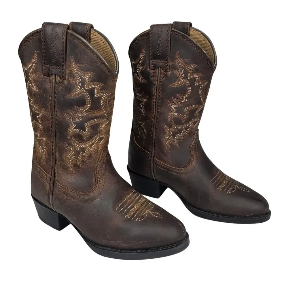 ARIAT HERITAGE WESTERN COWBOY DISTRESSED DARK BROWN LEATHER BOOTS – YOUTH SIZE 8